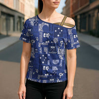 Blue Samoa Manuia Le Kerisimasi Cross Shoulder Shirt Pacific Patchwork Xmas Vibes - Polynesian Pride
