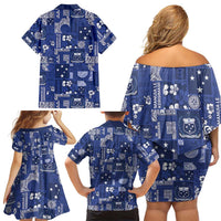 Blue Samoa Manuia Le Kerisimasi Family Matching Off Shoulder Short Dress and Hawaiian Shirt Pacific Patchwork Xmas Vibes - Polynesian Pride
