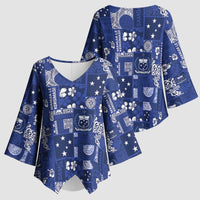 Blue Samoa Manuia Le Kerisimasi Kimono Sleeve Blouse Pacific Patchwork Xmas Vibes - Polynesian Pride