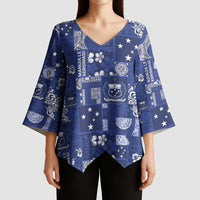 Blue Samoa Manuia Le Kerisimasi Kimono Sleeve Blouse Pacific Patchwork Xmas Vibes - Polynesian Pride