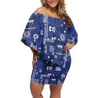 Blue Samoa Manuia Le Kerisimasi Off Shoulder Short Dress Pacific Patchwork Xmas Vibes - Polynesian Pride