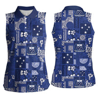 Blue Samoa Manuia Le Kerisimasi Women Sleeveless Polo Shirt Pacific Patchwork Xmas Vibes - Polynesian Pride