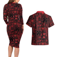 Dark Samoa Manuia Le Kerisimasi Couples Matching Long Sleeve Bodycon Dress and Hawaiian Shirt Pacific Patchwork Xmas Vibes - Polynesian Pride