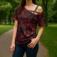 Dark Samoa Manuia Le Kerisimasi Cross Shoulder Shirt Pacific Patchwork Xmas Vibes - Polynesian Pride