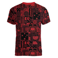 Dark Samoa Manuia Le Kerisimasi Women V-Neck T-Shirt Pacific Patchwork Xmas Vibes - Polynesian Pride