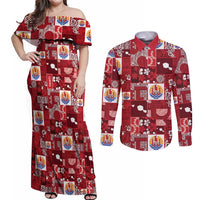 Tahiti Oaoa I Teie Noera Couples Matching Off Shoulder Maxi Dress and Long Sleeve Button Shirt Pacific Patchwork Xmas Vibes - Polynesian Pride