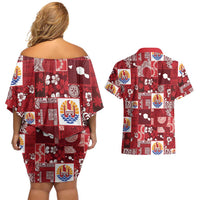 Tahiti Oaoa I Teie Noera Couples Matching Off Shoulder Short Dress and Hawaiian Shirt Pacific Patchwork Xmas Vibes - Polynesian Pride