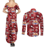Tahiti Oaoa I Teie Noera Couples Matching Summer Maxi Dress and Long Sleeve Button Shirt Pacific Patchwork Xmas Vibes - Polynesian Pride