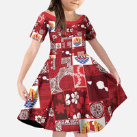 Tahiti Oaoa I Teie Noera Family Matching Off The Shoulder Long Sleeve Dress and Hawaiian Shirt Pacific Patchwork Xmas Vibes LT9 Daughter's Dress Red - Polynesian Pride