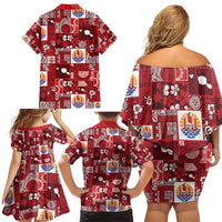 Tahiti Oaoa I Teie Noera Family Matching Off Shoulder Short Dress and Hawaiian Shirt Pacific Patchwork Xmas Vibes - Polynesian Pride