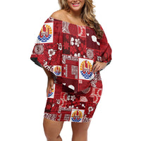 Tahiti Oaoa I Teie Noera Family Matching Off Shoulder Short Dress and Hawaiian Shirt Pacific Patchwork Xmas Vibes LT9 Mom's Dress Red - Polynesian Pride
