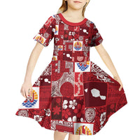 Tahiti Oaoa I Teie Noera Kid Short Sleeve Dress Pacific Patchwork Xmas Vibes - Polynesian Pride
