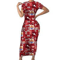 Tahiti Oaoa I Teie Noera Short Sleeve Bodycon Dress Pacific Patchwork Xmas Vibes - Polynesian Pride