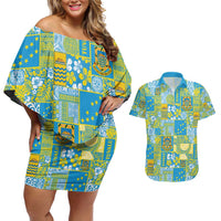Tuvalu Manuia te Kilisimasi Couples Matching Off Shoulder Short Dress and Hawaiian Shirt Pacific Patchwork Xmas Vibes - Polynesian Pride