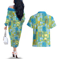Tuvalu Manuia te Kilisimasi Couples Matching Off The Shoulder Long Sleeve Dress and Hawaiian Shirt Pacific Patchwork Xmas Vibes - Polynesian Pride