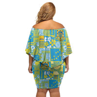 Tuvalu Manuia te Kilisimasi Family Matching Off Shoulder Short Dress and Hawaiian Shirt Pacific Patchwork Xmas Vibes - Polynesian Pride