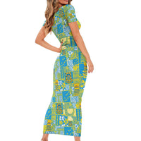 Tuvalu Manuia te Kilisimasi Short Sleeve Bodycon Dress Pacific Patchwork Xmas Vibes - Polynesian Pride