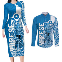 Yap Day 1 March Couples Matching Long Sleeve Bodycon Dress and Long Sleeve Button Shirt Micronesia Yapese Warrior LT9 Blue - Polynesian Pride