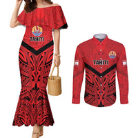 Tahiti Football Custom Couples Matching Mermaid Dress and Long Sleeve Button Shirt Toa Aito Go Champions LT9 Red - Polynesian Pride