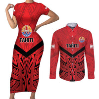 Tahiti Football Custom Couples Matching Short Sleeve Bodycon Dress and Long Sleeve Button Shirt Toa Aito Go Champions LT9 Red - Polynesian Pride