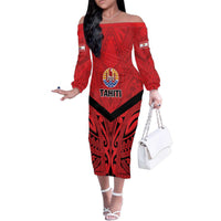 Tahiti Football Custom Family Matching Off The Shoulder Long Sleeve Dress and Hawaiian Shirt Toa Aito Go Champions LT9 Mom's Dress Red - Polynesian Pride
