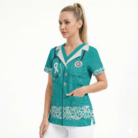 New Zealand Nurses Week Scrub Top Maori Kowhaiwhai Cyan Tribal