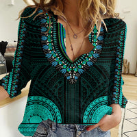 African Dashiki Women Casual Shirt With Polynesian Pattern - Teal LT9 Female Teal - Polynesian Pride
