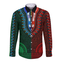 African Dashiki Long Sleeve Button Shirt With Tapa Pattern - Half Green and Red LT9 Unisex Green and Red - Polynesian Pride