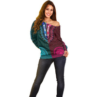 African Dashiki Off Shoulder Sweater With Tapa Pattern - Half Teal and Pink LT9 - Polynesian Pride