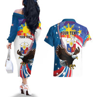 Personalized Filipino-American Couples Matching Off The Shoulder Long Sleeve Dress and Hawaiian Shirt The Eight-Rayed Sun with Bald Eagle