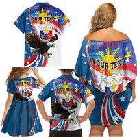 Personalized Filipino-American Family Matching Off Shoulder Short Dress and Hawaiian Shirt The Eight-Rayed Sun with Bald Eagle