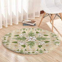 Squares Maile Leaf Round Carpet Beige Palaka Hawaiian Quilt Pattern - Polynesian Pride