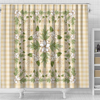 Squares Maile Leaf Shower Curtain Beige Palaka Hawaiian Quilt Pattern - Polynesian Pride