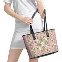 Squares Maile Leaf Leather Tote Bag Pink Palaka Hawaiian Quilt Pattern - Polynesian Pride