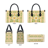 Squares Puakenikeni and Kalo Leather Bag Beige Palaka Hawaiian Quilt Pattern - Polynesian Pride