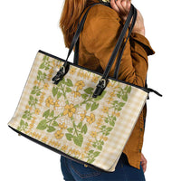 Squares Puakenikeni and Kalo Leather Tote Bag Beige Palaka Hawaiian Quilt Pattern - Polynesian Pride