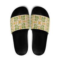 Squares Puakenikeni and Kalo Slide Sandals Beige Palaka Hawaiian Quilt Pattern - Polynesian Pride