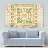 Squares Puakenikeni and Kalo Tapestry Beige Palaka Hawaiian Quilt Pattern - Polynesian Pride