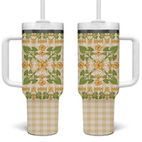 Squares Puakenikeni and Kalo Tumbler With Handle Beige Palaka Hawaiian Quilt Pattern - Polynesian Pride