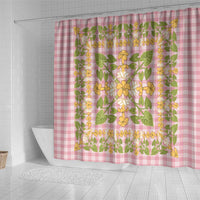 Squares Puakenikeni and Kalo Shower Curtain Pink Palaka Hawaiian Quilt Pattern - Polynesian Pride