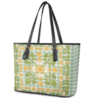 Squares Puakenikeni and Kalo Leather Tote Bag Turquoise Palaka Hawaiian Quilt Pattern - Polynesian Pride