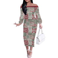 Mele Kalikimaka Hawaii Christmas Off The Shoulder Long Sleeve Dress Aloha Spirit with Hawaiian Quilt Pattern - Polynesian Pride