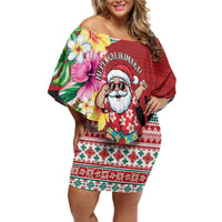 Santa Surf Mele Kalikimaka Personalized Family Matching Off Shoulder Short Dress and Hawaiian Shirt Aloha Tropical Christmas Vibes - Polynesian Pride