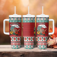 Shaka Sign Skull Mele Kalikimaka Personalized Tumbler With Handle Hawaiian Quilt Pattern - Polynesian Pride