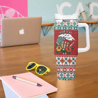 Shaka Sign Skull Mele Kalikimaka Personalized Tumbler With Handle Hawaiian Quilt Pattern - Polynesian Pride