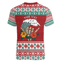 Shaka Sign Skull Mele Kalikimaka Personalized Women V-Neck T-Shirt Hawaiian Quilt Pattern - Polynesian Pride