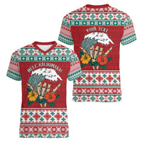 Shaka Sign Skull Mele Kalikimaka Personalized Women V-Neck T-Shirt Hawaiian Quilt Pattern - Polynesian Pride