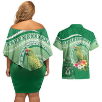 Norfolk Parakeet Tropical Couples Matching Off Shoulder Short Dress and Hawaiian Shirt Norfolk Island Tribal Pattern