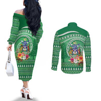 Norfolk Island Pine Tree Christmas Couples Matching Off The Shoulder Long Sleeve Dress and Long Sleeve Button Shirt Coat of Arm and Polynesian Pattern