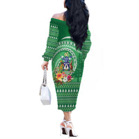 Norfolk Island Pine Tree Christmas Off The Shoulder Long Sleeve Dress Coat of Arm and Polynesian Pattern